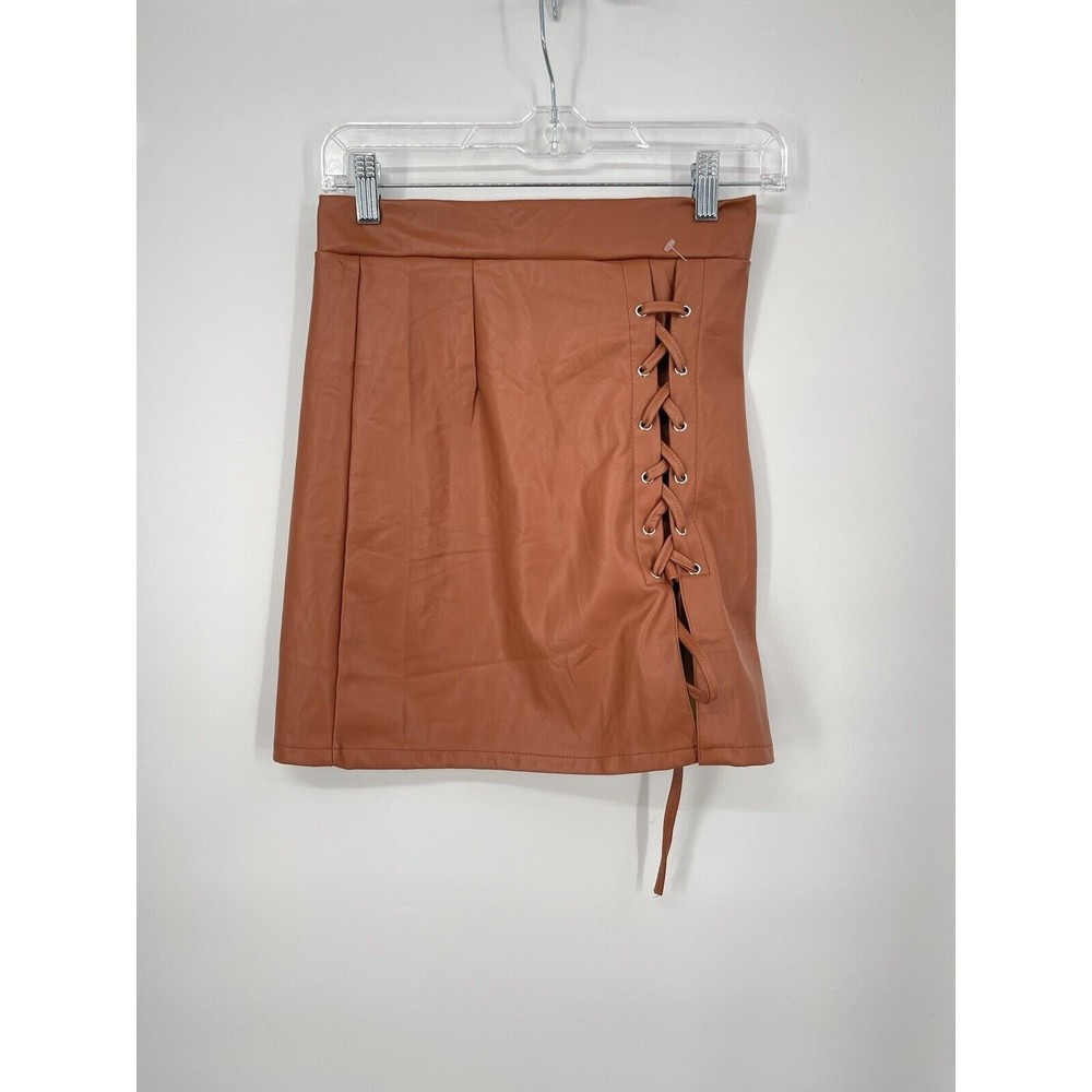 Brown Faux Leather Lace Up Mini Skirt Women's Size Small